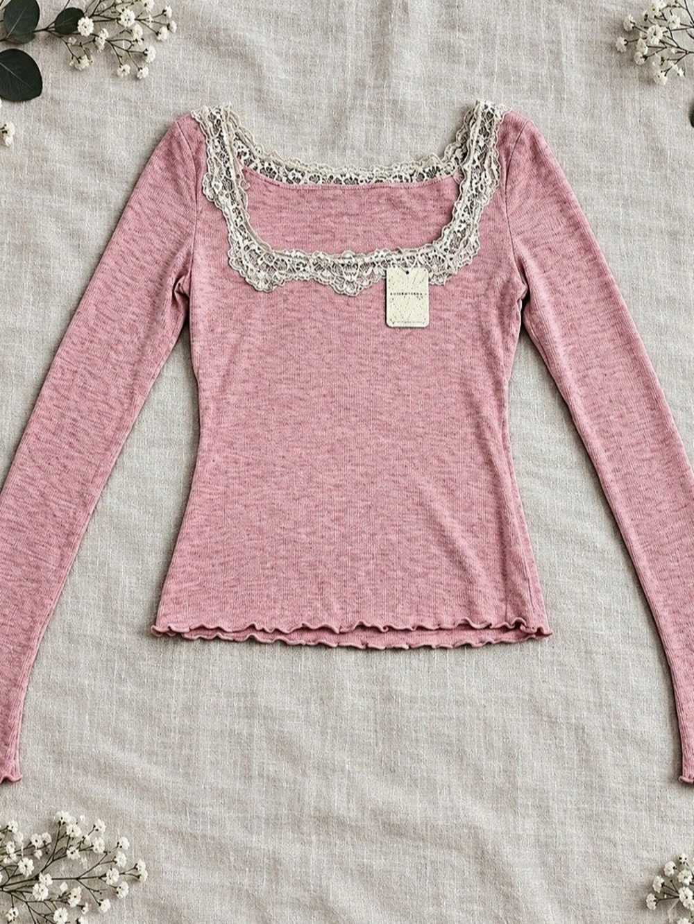 NWT Free People Oh My Darling Long Sleeve Lace Trim Top Pink Large